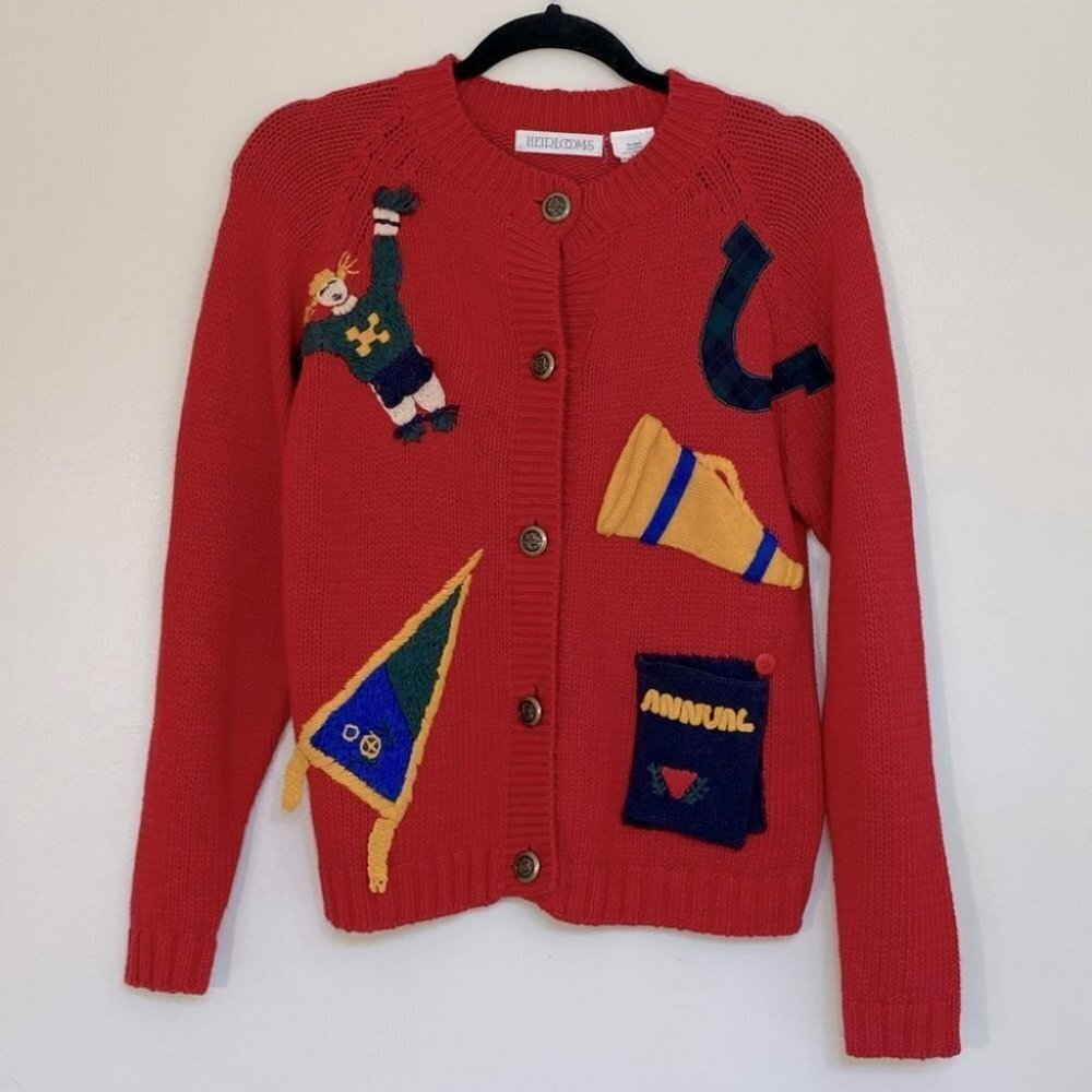 Vintage Heirlooms Red Knit Cardigan With School Activity Appliqué S
